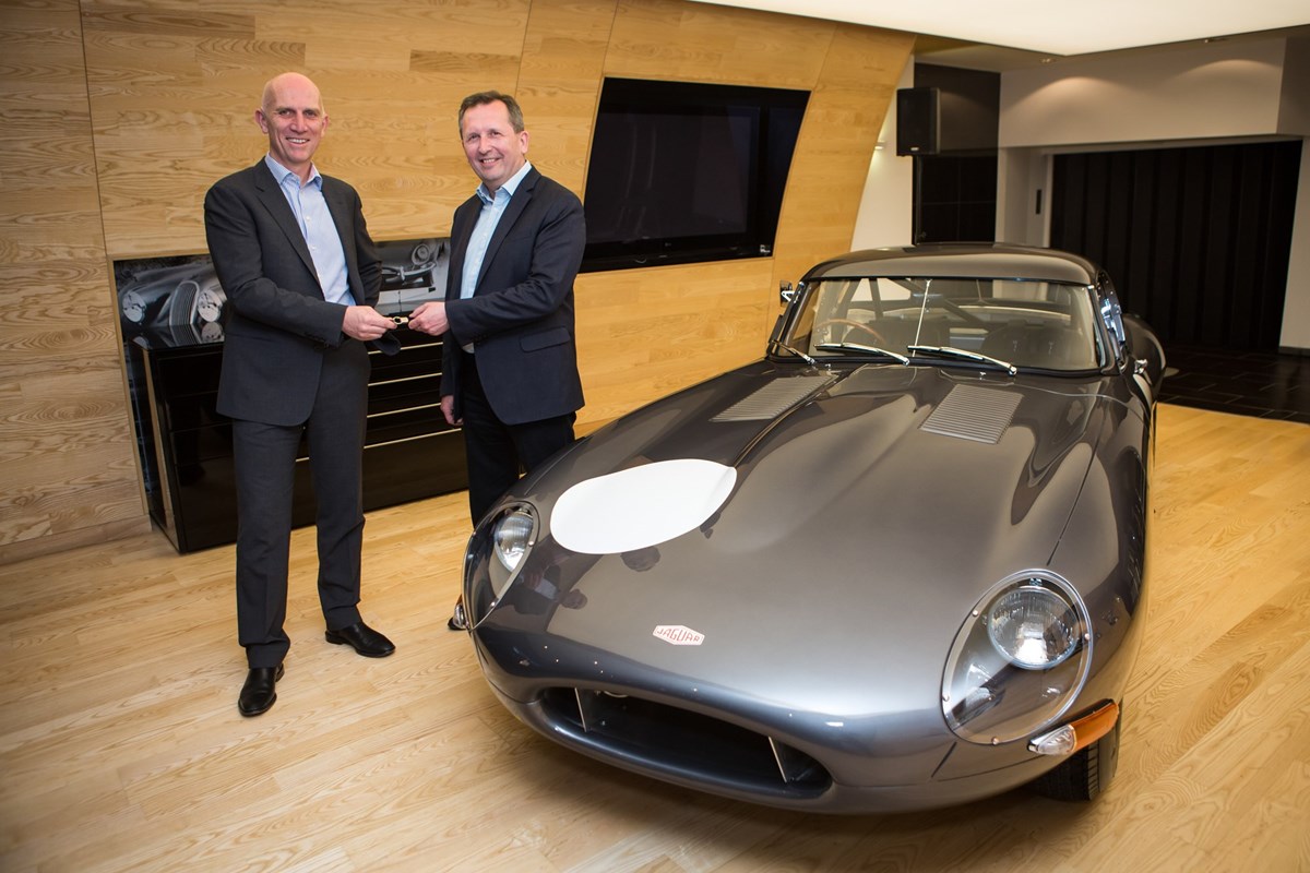 Jaguar Land Rover Special Operations’ managing director John Edwards and Pendragon chief executive Trevor Finn with Jaguar E-type Chassis 15