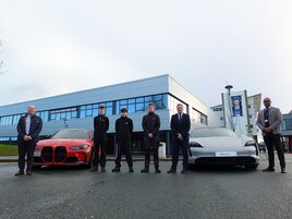 Jonathan Rogan head of business at Bowker BMW (left) with: three automotive apprentices,; Mark Taylor, Preston College's engineering and automotive technologies; and Habib Shama, engineering employer engagement and apprenticeship specialist