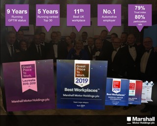 Marshall Motor Group celebrated a landmark result in the Great Place to Work UK’s Best Workplaces Programme 2019