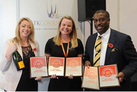 Stephanie Connor, area personnel manager, Peter Vardy (centre), accepts the dealer group’s total five awards from LTK Consultants’ managing director, Andrew Landell, and operations director Vanessa Kendrick