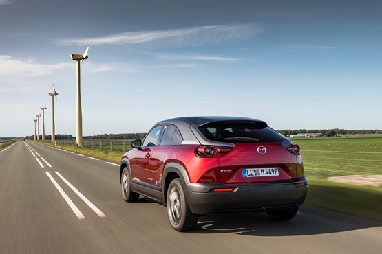 A rear view of Mazda's new MX-30 electric vehicle (EV)