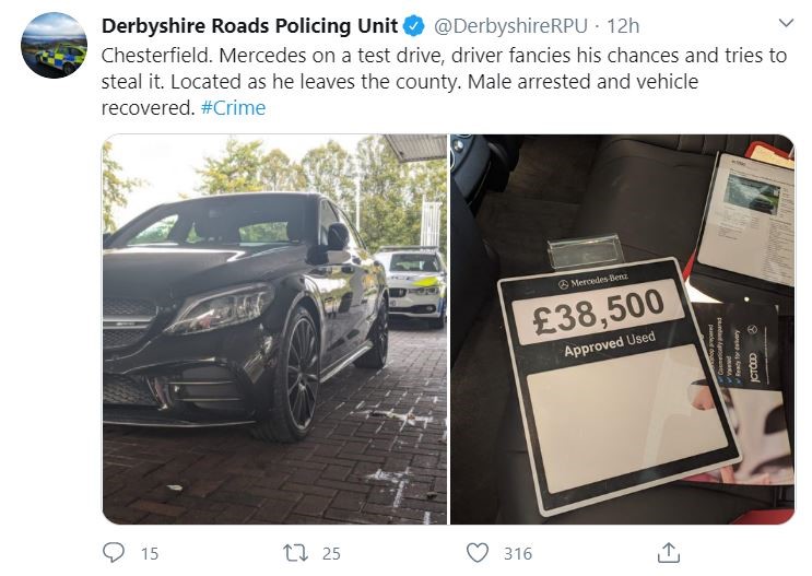 Derbyshire Constabulary's tweet about the alleged attempt to steal a Mercedes-Benz C63 AMG from JCT600's Chesterfield dealership