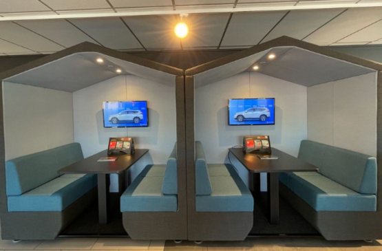 Customer booths at Norton Way's new Carverse used car supermarket site at Knebworth