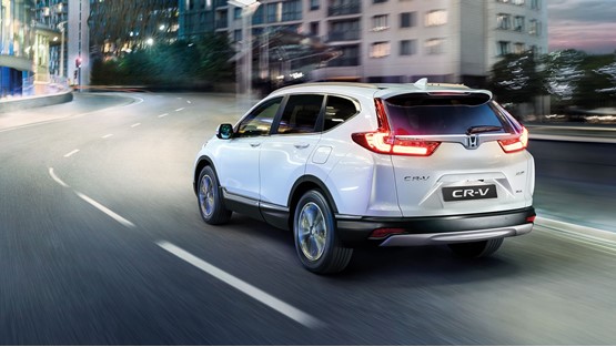 A rear end view of the revised Honda CR-V hybrid SUV