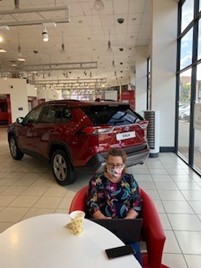 AM contributor Debbie Kirlew in a social distanced customer pod at Jemca Toyota