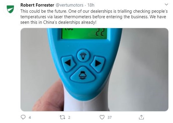 Robert Forrester Twitter post regarding handheld thermometer trials at Vertu Motors dealerships