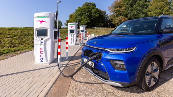 A Kia Soul electric vehicle (EV) at an Ionity charge point station