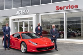 JCT600's MD, Richard Hargraves, brand director Tom Armstrong and chief excutive John Tordoff and the group's new £1m Ferrari aftersales centre in Newcastle