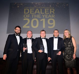 Vincent Tourette (left), managing director of Groupe Renault UK, and Louise O’Sullivan (right), network operations director, with Matt Huke-Jenner, dealer principal at Mitchells, Lowestoft, Darren Bowen, general manager at RRG Swansea and Kevin Mackie, from Mackie Motors Brechin