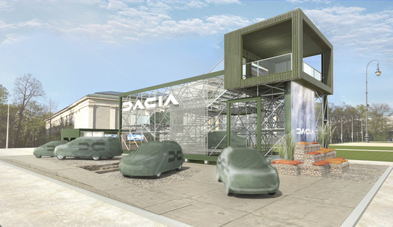 Artist's impression: the new Dacia car dealership design as showcased at the 2021 IAA Mobility Show, in Munich