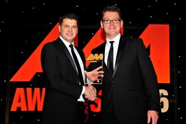 Lee Manning, digital marketing manager, Perrys Motor Sales (left), collects his AM Award 2016 for Best Use of Social Media  from Jeremy Evans, managing director, Marketing Delivery