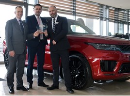 Charles Hust Land Rover celebrates (left to right): Andrew West, Jaguar Land Rover customer service director; Andrew Gilmore, Charles Hurst Group aftersales director; and Glenn McCartney, Charles Hurst Jaguar Land Rover aftersales manager