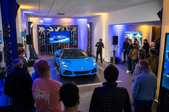 The new Lotus Emira on display in a UK car showroom