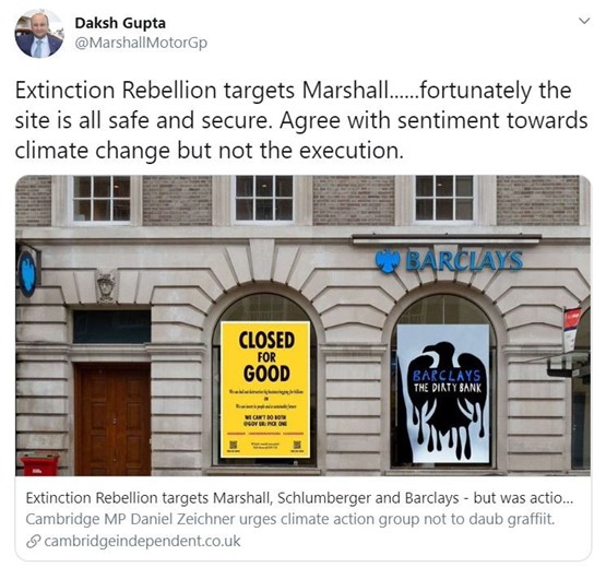 Marshall Motor Holdings chief executive, Daksh Gupta, Gupta took to Twitter hours to reveal that Marshall’s Cambridge Jaguar Land Rover (JLR) dealership had been one of the businesses targeted in Extinction Rebellion's April 30 action