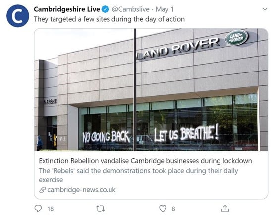 Cambridgshire Live's coverage on the Extinction Rebellion protest at Marshall Motor Holding's Cambridge Jaguar Land Rover (JLR) dealership