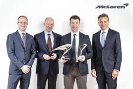 Awards success (from left): David Gilbert, managing director, Europe, McLaren Automotive; Mike Flewitt, chief executive of McLaren Automotive; Lee Martis, McLaren Glasgow; Jolyon Nash, executive director global sales and marketing, McLaren Automotive