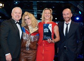 Mervyn Stewart Ltd. collecting award from Paloma Faith and director of Skoda UK, Rod McLeod