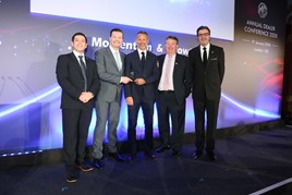 Nathaniel Cars receives its MG Motor UK Dealer of the Year Award 2019 from Wales football coach Ryan Giggs and Daniel Gregorious, MG Motor UK’s head of sales and marketing (left)