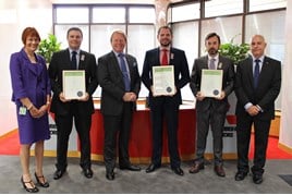 IMI awards (from left): IMI business development manager, Michelle Barrett; Neil Clapham; IMI chief executive Steve Nash; Chris Manning; Glyn Lewis; and Mitsubishi Training Academy training manager Ray Watts.
