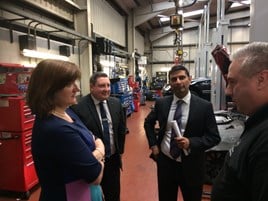 The chairman of the government's Treasury Select Committee, Nicky Morgan MP (left), took a tour of Loughborough Mercedes-Benz with general manager Dougie Singh (second right)