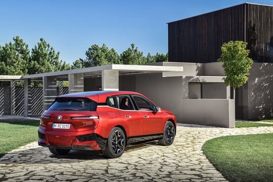 A rear view of the BMW iX EV SUV