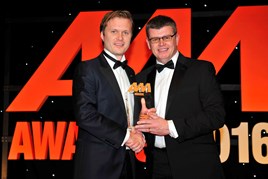 Peter Vardy, chief executive of Peter Vardy (left), accepts the award for Best  Dealership from Lee Higgins, managing director, Rhino Events