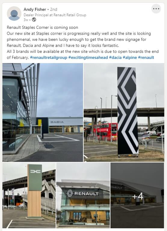 LinkedIn post from Renault Retail Group dealer principal Andy Fisher