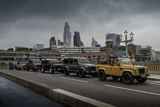 A fleet of Twisted-modified Land Rover Defenders in central London