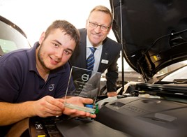 Volvo’s Second Year Service Apprentice Technician of the Year, Jake Taylor, with Bob Bean, general manager at Bristol Street Motors Volvo Derby