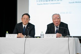 Toyota's president Akio Toyoda  and Osamu Suzuki, chairman of Suzuki Motor Corporation